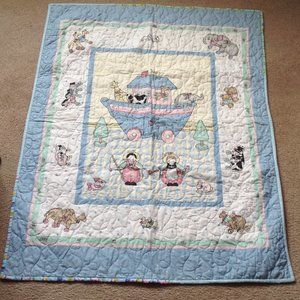 Handmade Blue Baby Boy Quilt Blanket 43" x 33" Noah's Ark